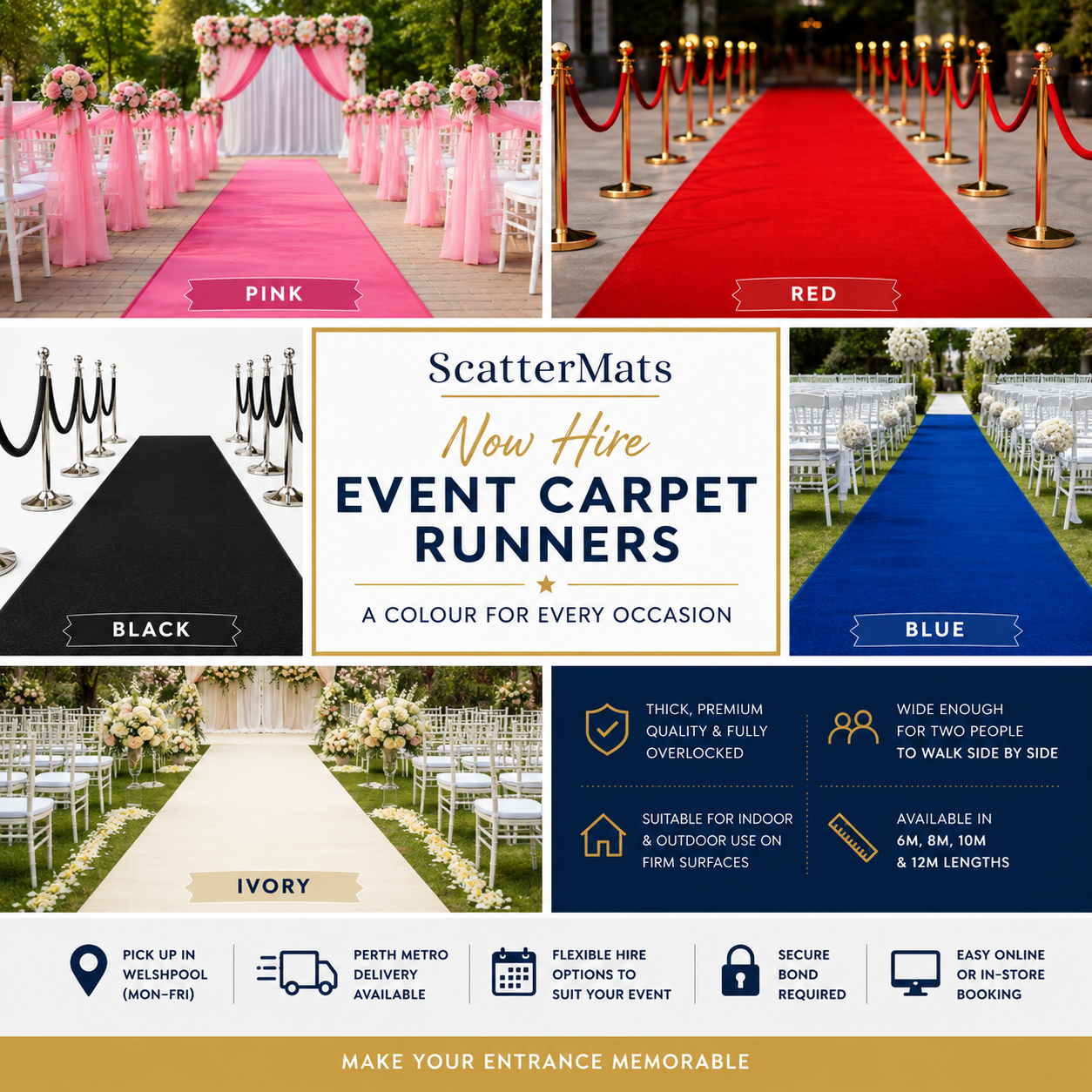 ScatterMats event carpet runner hire in pink, red, black, blue and ivory