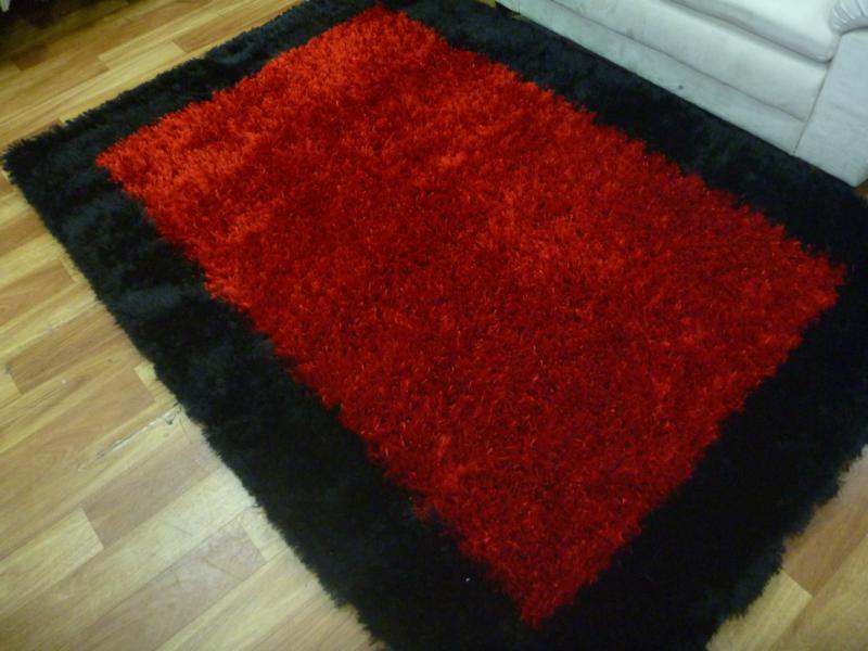 Stain Resistant Shag Rugs Reflection Black Border Red Centre Floor Area Rug