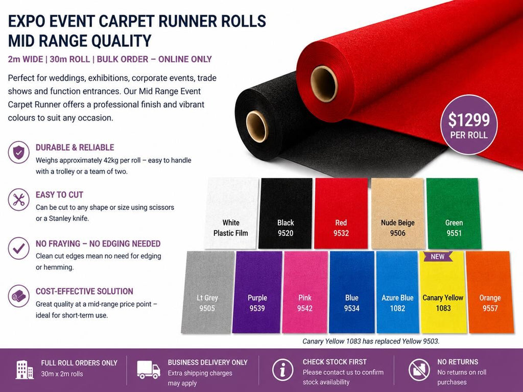 Expo Event Carpet Assorted Mid Range 2m wide 30m Roll Bulk Order - Online Only