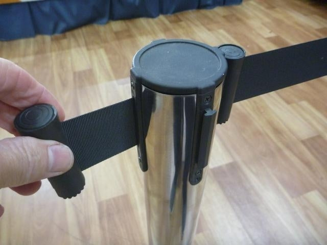 4 Stainless Steel Queue Barrier Bollard Posts each with 1.8m Black Retractable Webbing Package Deal