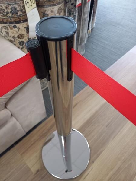 4 Stainless Steel Queue Barrier Bollard Posts each with 1.8m Red Retractable Webbing Package Deal