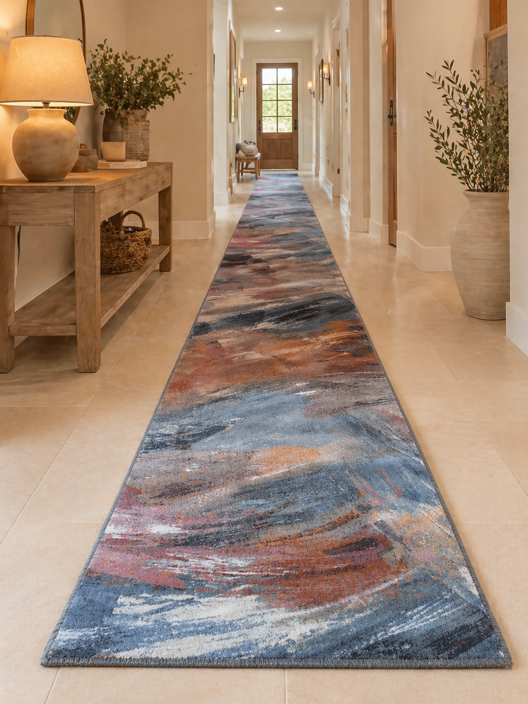 Multicoloured brushstroke hallway runner styled in a modern hallway