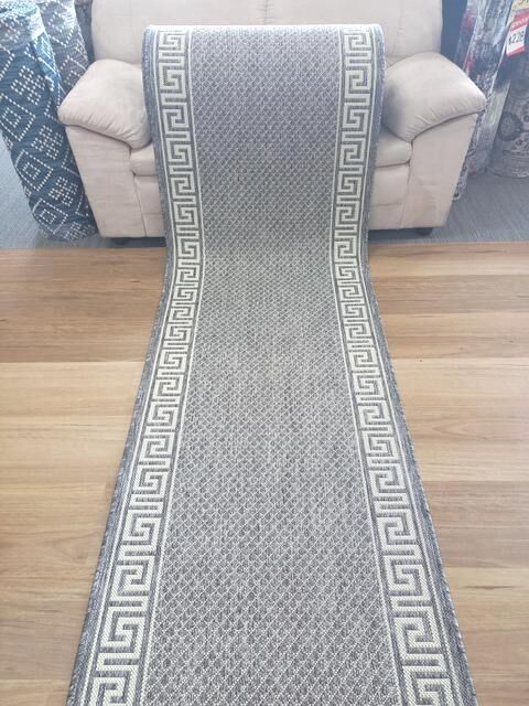 Hall Runner Flatweave 67 or 80cm wide Dahab Silver Grey Ivory Rubber Backed By the Meter Greek Key