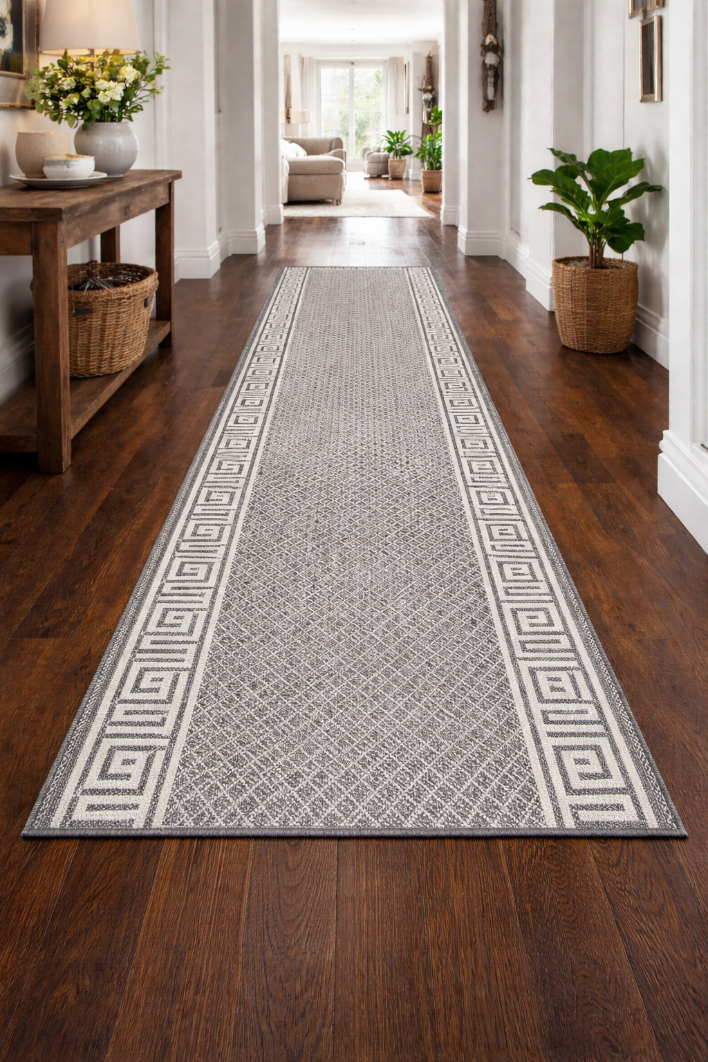 Hall Runner Flatweave 67 or 80cm wide Dahab Silver Grey Ivory Rubber Backed By the Meter Greek Key