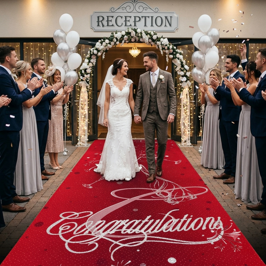 Wedding couple on a red Congratulations aisle runner