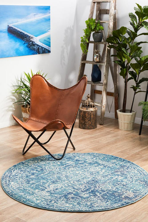 Aurelian Muse Blue Boho Power Loomed Round Rug 10mm Thick