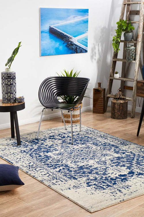 Aurelian Horizon White Navy Persian Style Power Loomed Rug & Runner 10mm Thick