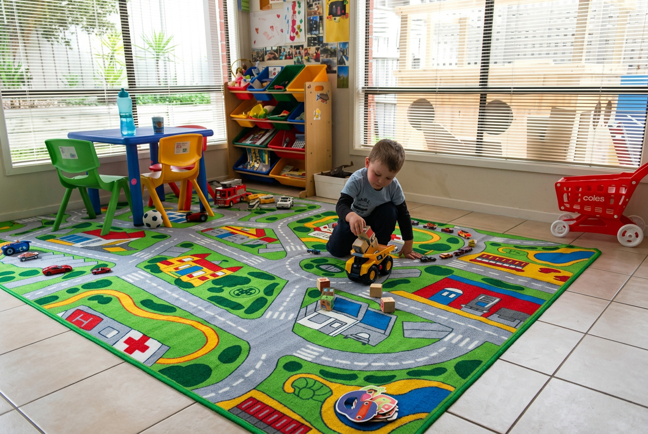 Children's road play mat with colourful streets and buildings