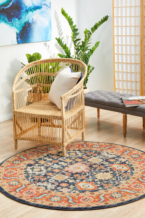 Antiqua 860 Navy Persian Floral Border Polypropylene Round Rug
