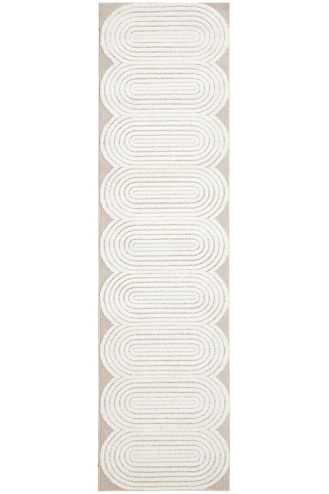 Arcadia Carl Beige White Mid Century Oval High Low Rug & Runner 12mm Thick