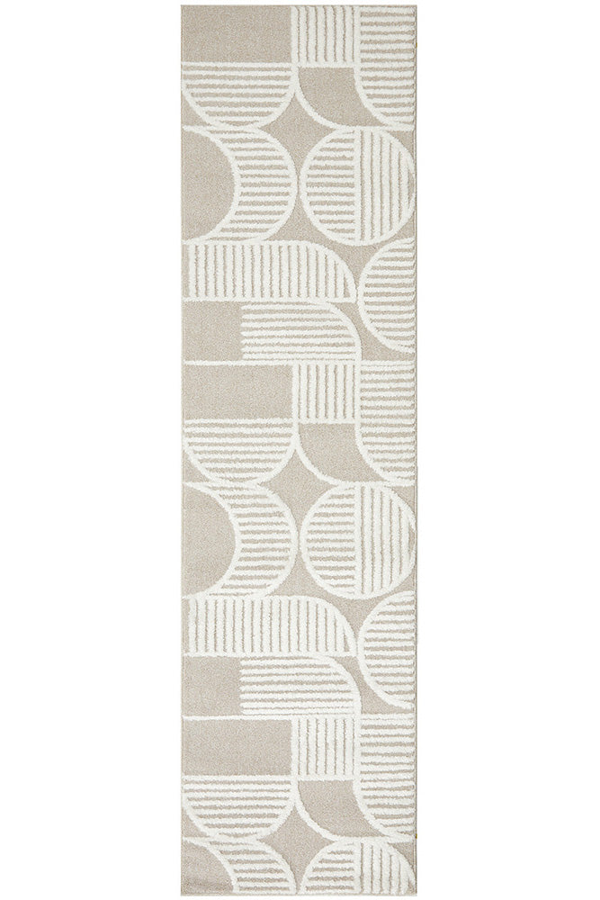 Arcadia Leo Beige White Art Deco Geometric High Low Rug & Runner 12mm Thick