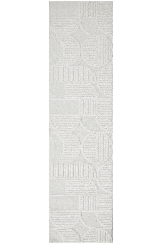 Arcadia Leo White Art Deco Geometric High Low Rug & Runner 12mm Thick