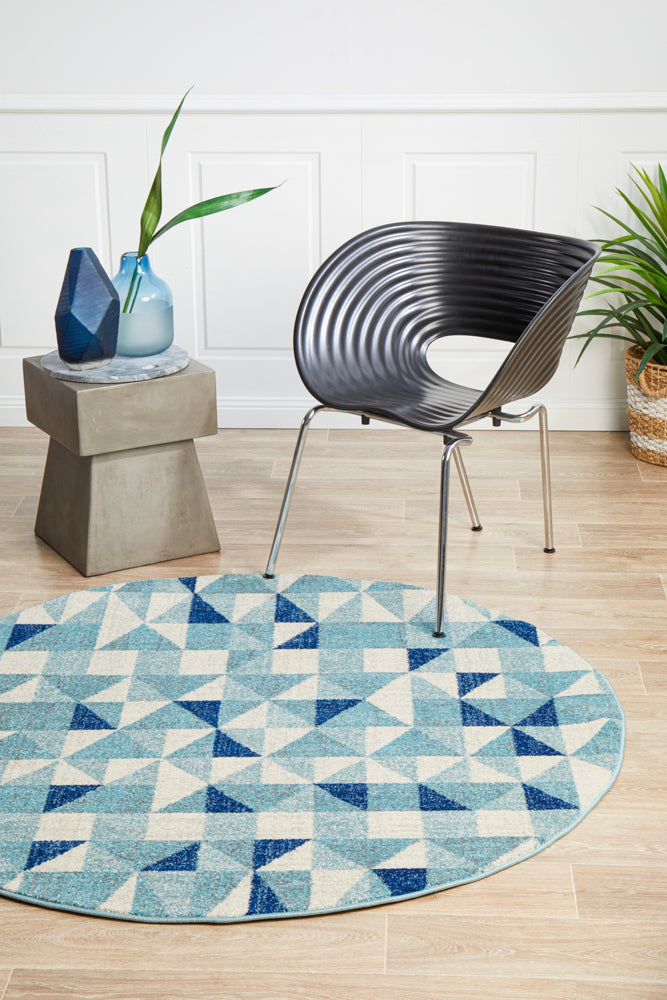 Mirage Illusion Modern Geo Blue Ivory Round Rug