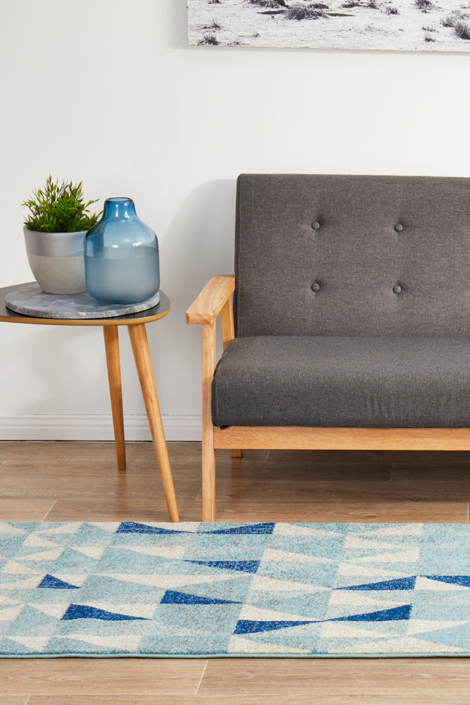 Mirage Illusion Modern Geo Blue Ivory Runner Rug