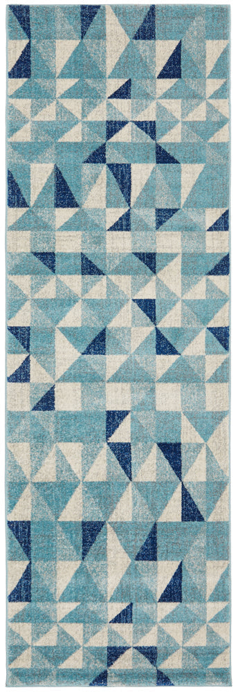 Mirage Illusion Modern Geo Blue Ivory Runner Rug