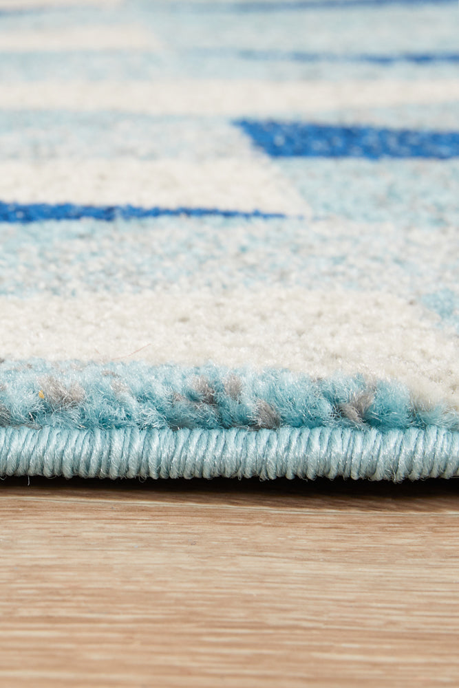 Mirage Illusion Modern Geo Blue Ivory Runner Rug