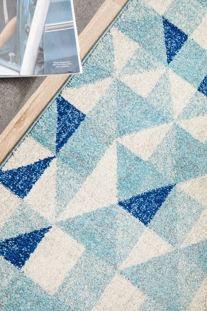 Mirage Illusion Modern Geo Blue Ivory Runner Rug