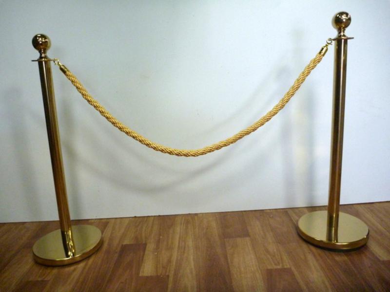 3 Gold Stanchion Queue Barrier Bollard Posts & 2 Silky Twist Braided Ropes Package Deal