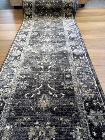 Persian Design Hall Runner Chorus Charcoal Grey Allover 80cm wide by the meter Soft Feel