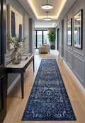 Persian Wash Design Hall Runner Chorus Navy Medallions 80cm wide by the meter Soft Feel