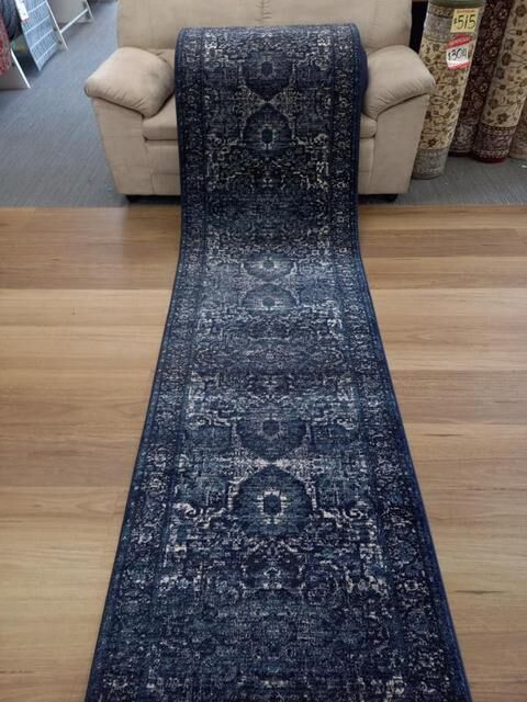Persian Wash Design Hall Runner Chorus Navy Medallions 80cm wide by the meter Soft Feel