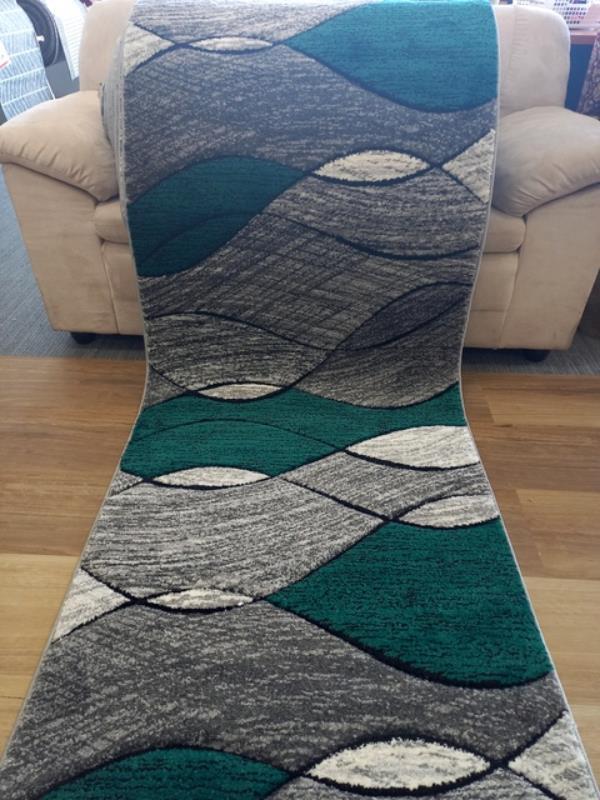Hall Runner 80cm wide by the Meter Grey Teal Green Waves 14mm Thick Diamond