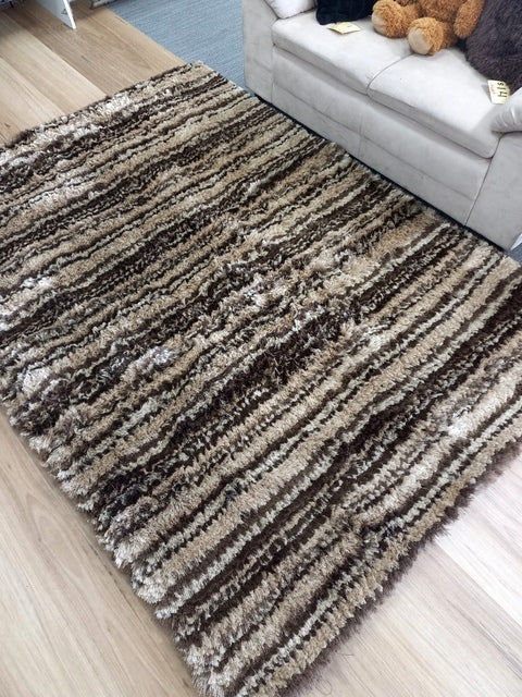 Stain Resistant Thin Polyester Stripes Khaki Multi Shaggy Rugs 160X230CM