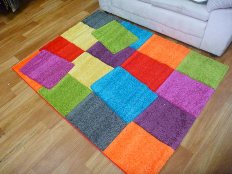 Modern Textured Geometric Design Bright Coloured Squares Multi Floor Area Rugs