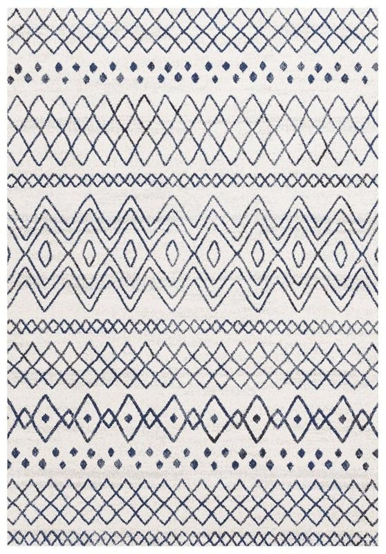 Modern Contemporary Casablanca White Blue Waves Oblongs & Round Rugs & Hall Runners