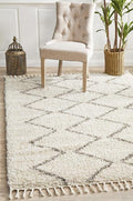 Soft 40mm Thick Fringed Basmati Design Cream Zig Zag Floor Area Rugs and Runners