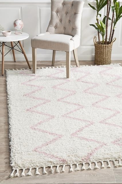 Soft 40mm Thick Fringed Basmati Design Cream Pink Zig Zag Floor Area Rugs and Runners