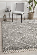 Soft 40mm Thick Fringed Basmati Design Grey Tiles Floor Area Rugs and Runners