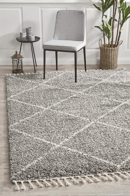 Soft 40mm Thick Fringed Basmati Design Grey Tiles Floor Area Rugs and Runners