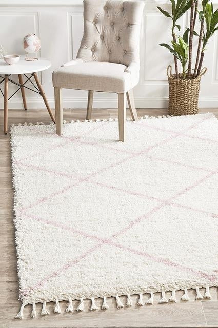 Soft 40mm Thick Fringed Basmati Design Cream Pink Tiles Floor Area Rugs and Runners