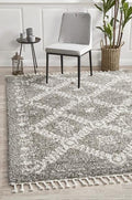 Soft 40mm Thick Fringed Basmati Design Grey Aztec Floor Area Rugs and Runners