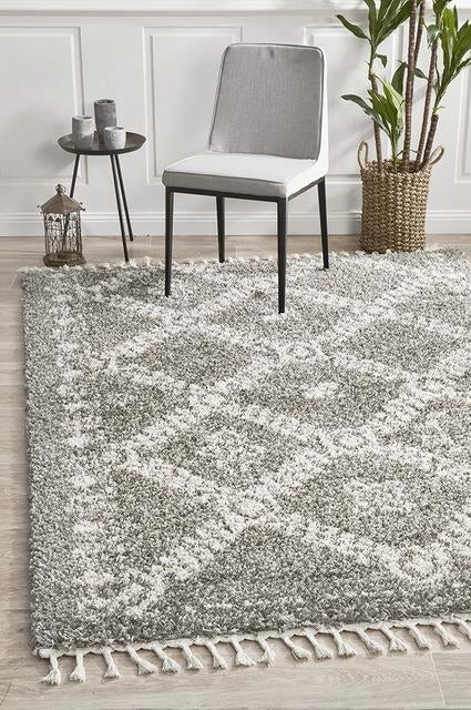 Soft 40mm Thick Fringed Basmati Design Grey Aztec Floor Area Rugs and Runners