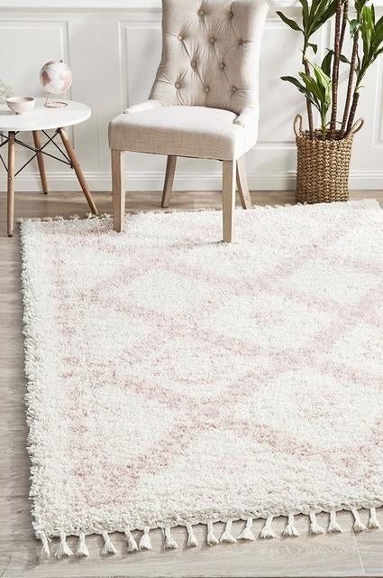 Soft 40mm Thick Fringed Basmati Design Cream Pink Aztec Floor Area Rugs and Runners