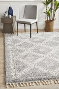 Soft 40mm Thick Fringed Basmati Design Silver Aztec Floor Area Rugs and Runners
