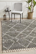 Soft 40mm Thick Fringed Basmati Design Grey Moroccan Floor Area Rugs and Runners