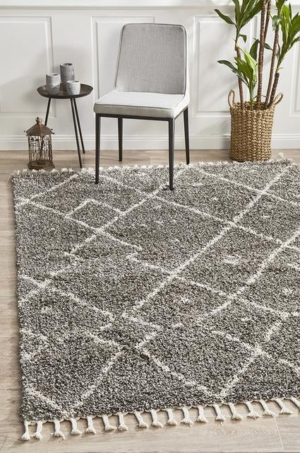 Soft 40mm Thick Fringed Basmati Design Grey Moroccan Floor Area Rugs and Runners