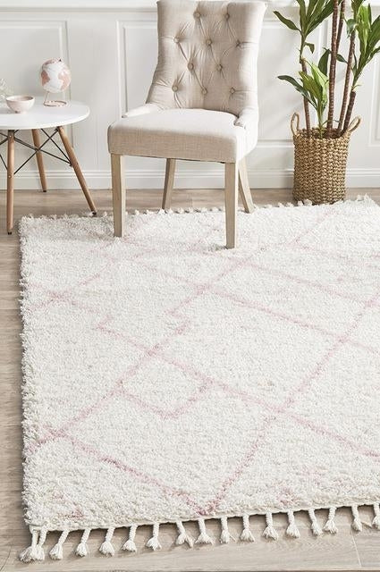 Soft 40mm Thick Fringed Basmati Design Pink Moroccan Floor Area Rugs and Runners