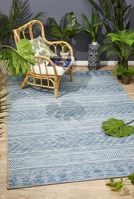 Indoor Outdoor Flatwoven Portico Design Blue Patterned Floor Area Rugs and Runners