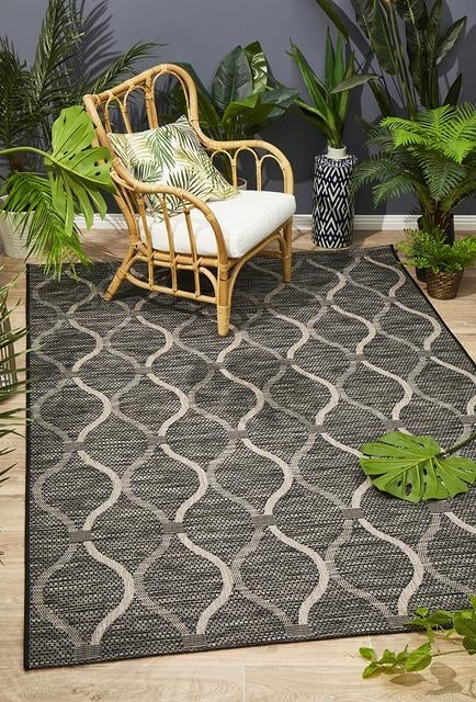 Indoor Outdoor Flatwoven Portico Design Black Waves Floor Area Rugs and Runners