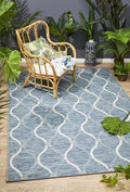 Indoor Outdoor Flatwoven Portico Design Blue Waves Floor Area Rugs and Runners
