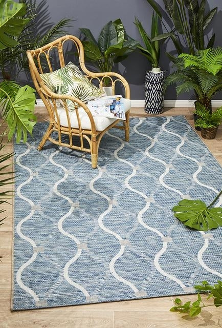 Indoor Outdoor Flatwoven Portico Design Blue Waves Floor Area Rugs and Runners