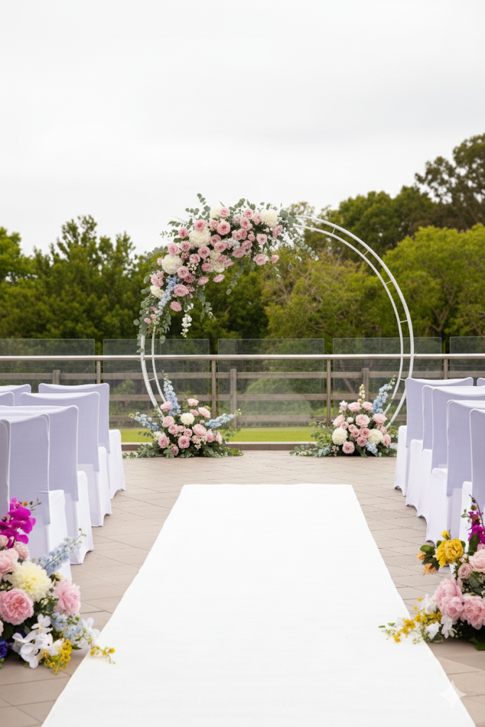 White wedding aisle runner leading to a floral ceremony arch