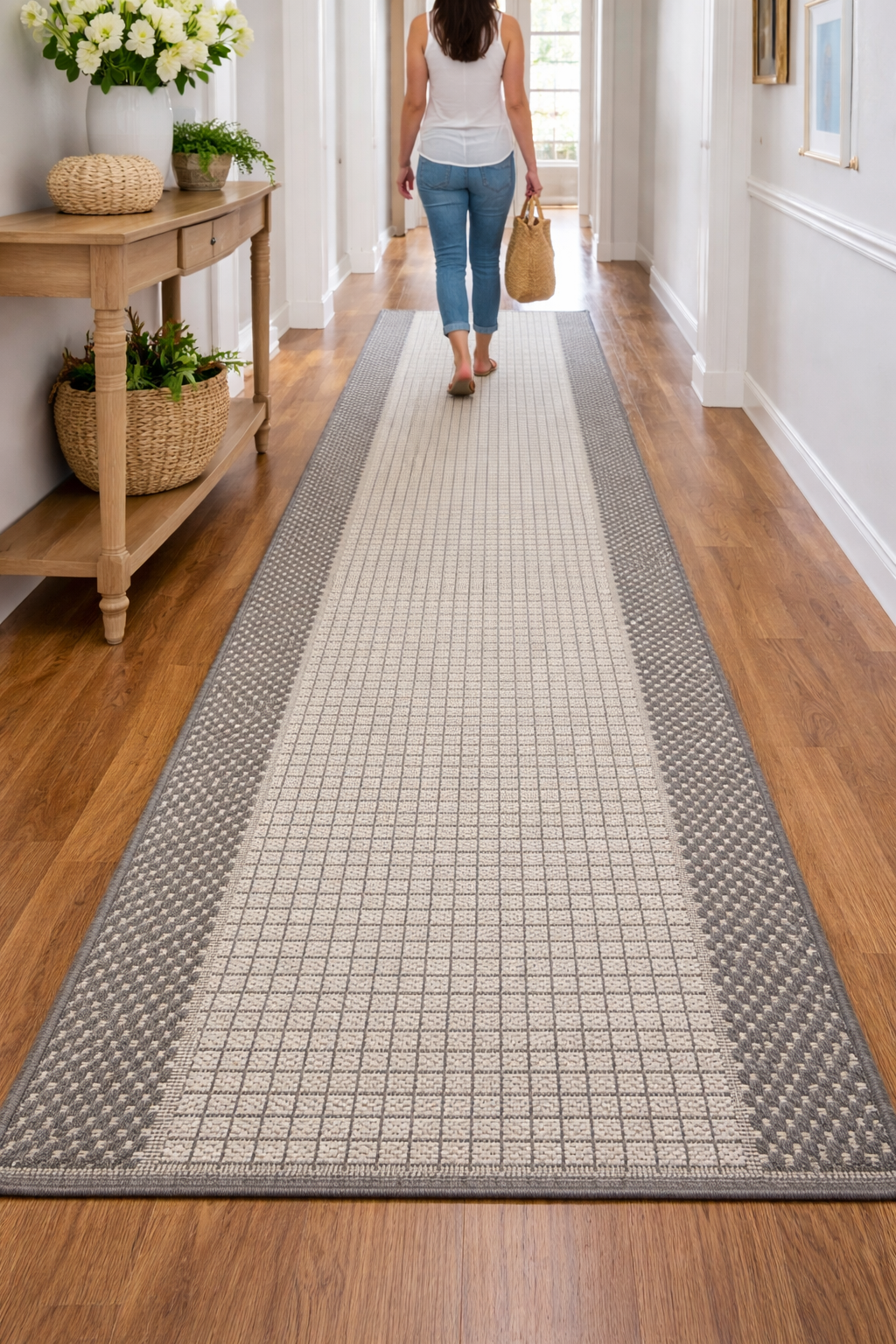 Cream and taupe hallway runner styled on a timber floor