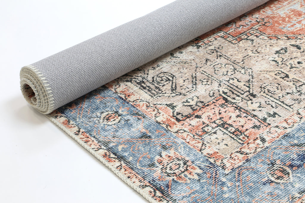 Distressed Vintage Cezanne Terracotta Blue Washable Rug - VITAL 1610-01