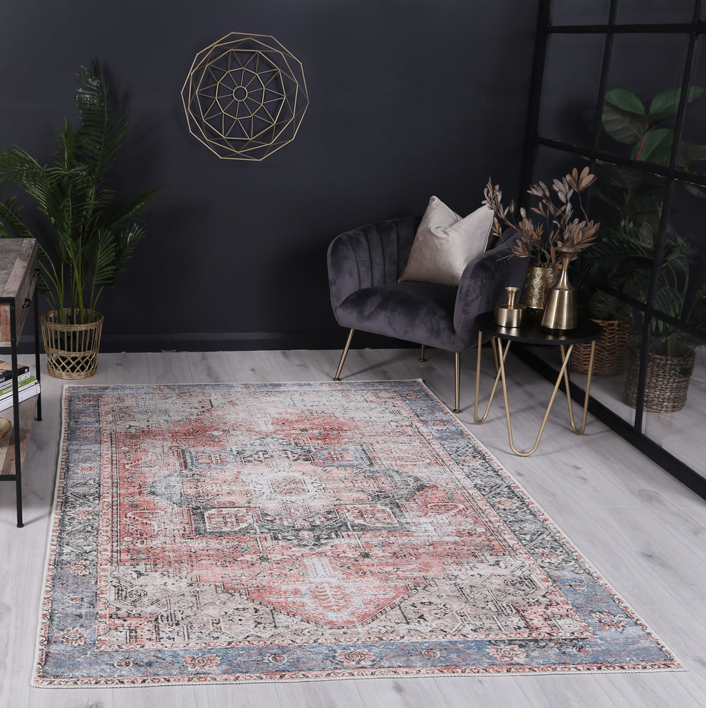 Distressed Vintage Cezanne Terracotta Blue Washable Rug - VITAL 1610-01