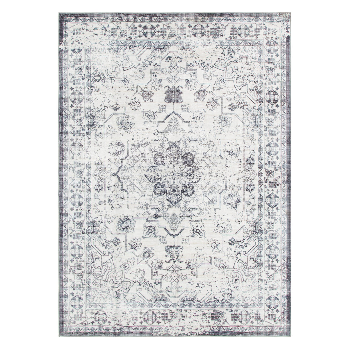 Washwell Blue Distressed Medallion Machine Washable Rug - WASH007